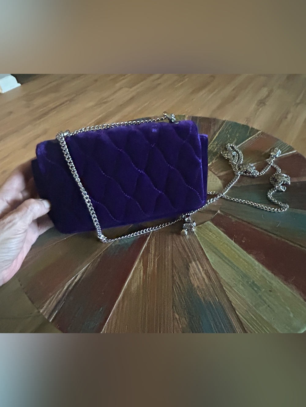 Tory Burch Quilted Velvet Crossbody in Deep Purple with Silver Chain - Picture 4 of 4